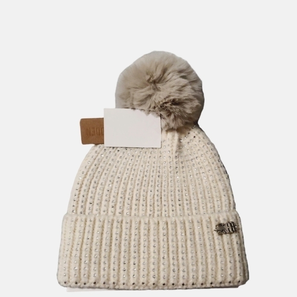 STEVE Madden Crystal Embellished Light Cream Knit Faux Winter Fall Beanie/gloves - Picture 2 of 3